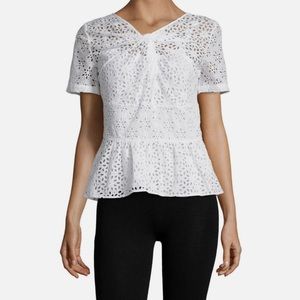 Oscar de la Renta GATHERED EYELET White Cotton Blouse